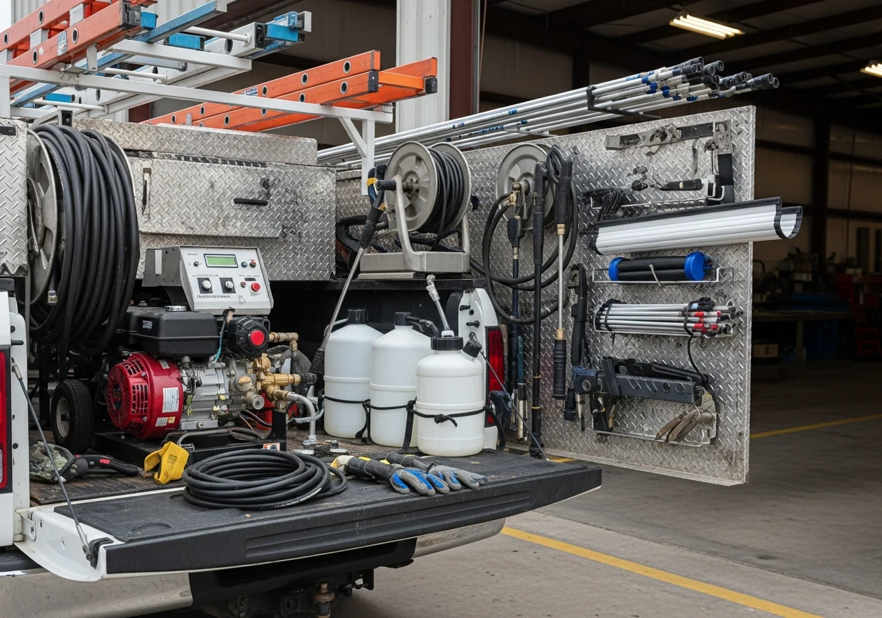 Pressure washing equipment and tools arranged on a work truck, ready for exterior cleaning service.