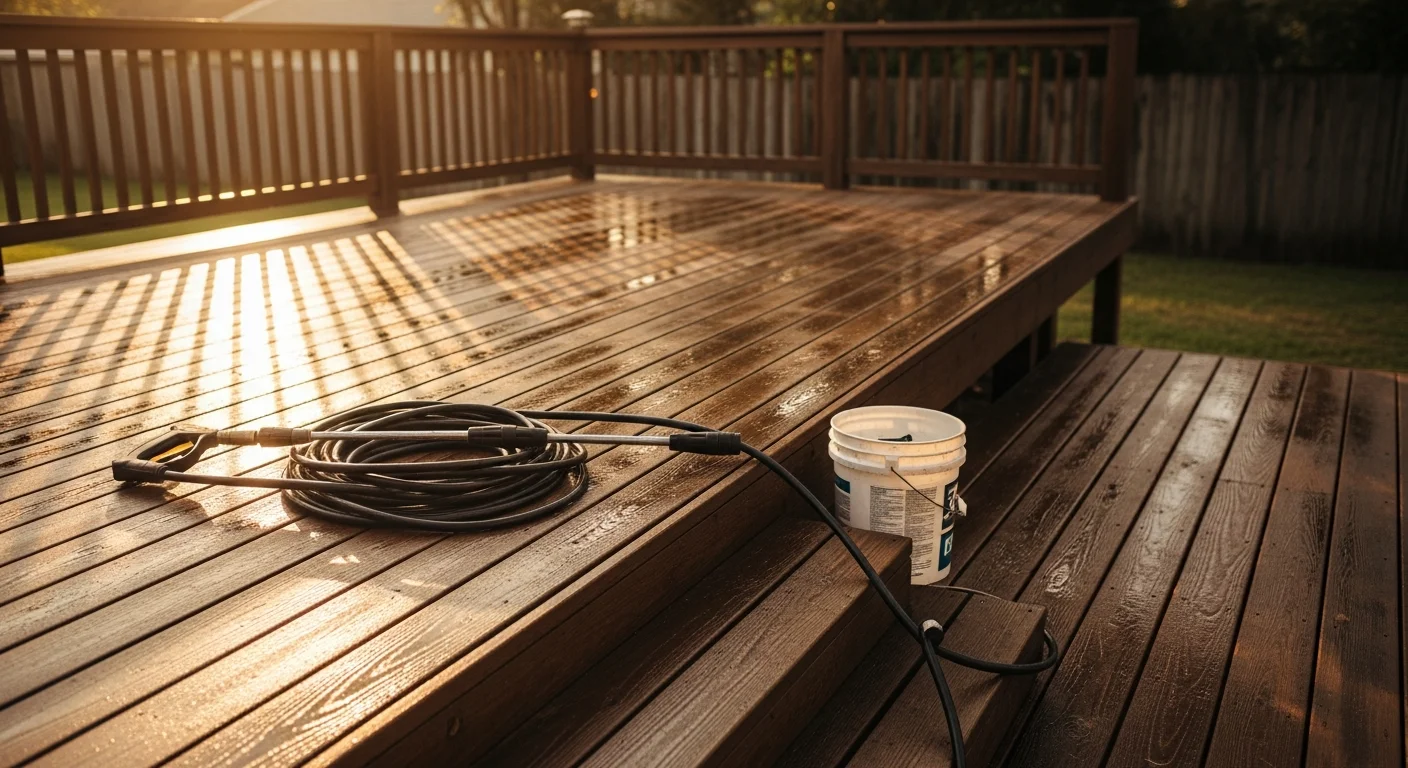 Clean wooden deck and fence after professional cleaning service