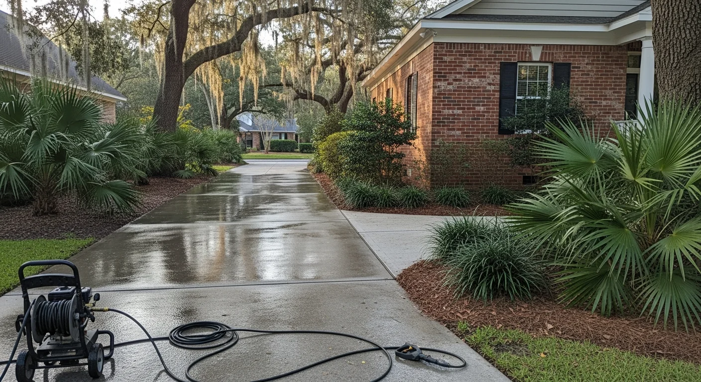 Professional pressure washing cleaning a residential driveway in Jacksonville