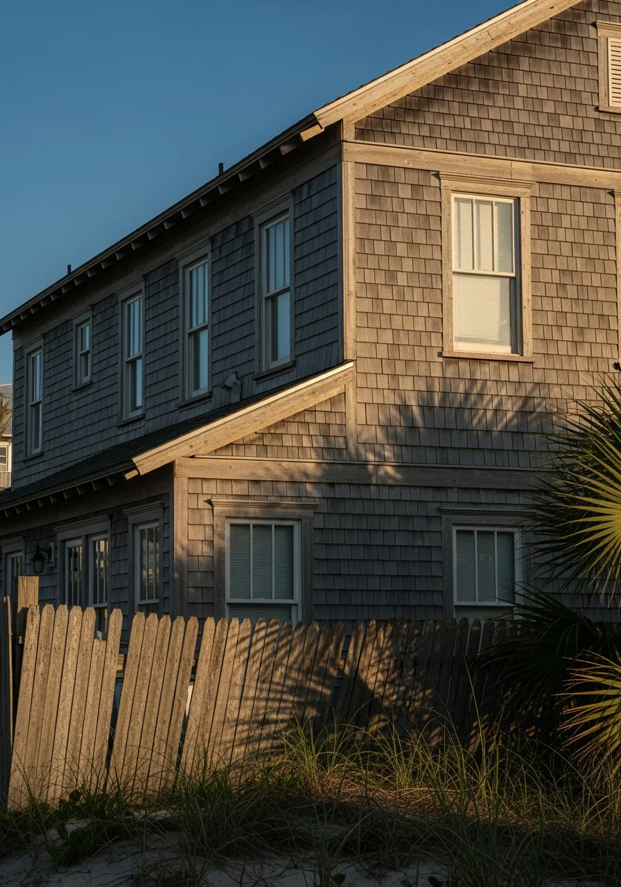 Coastal property with weathered wood siding and traditional beach home character.