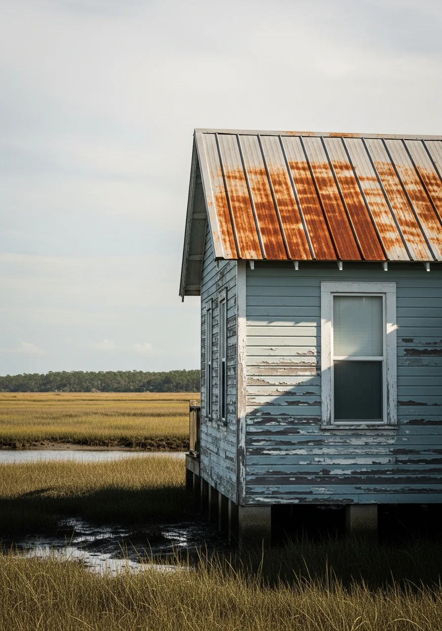 Coastal cottage with weathered siding and metal roof overlooking salt marsh landscape.