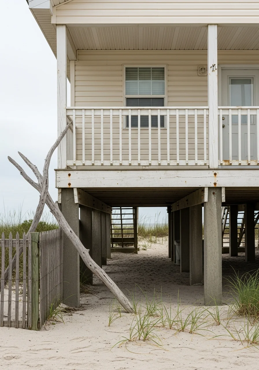Coastal cottage with metal railings and salt-resistant finishes on elevated foundation near beach.