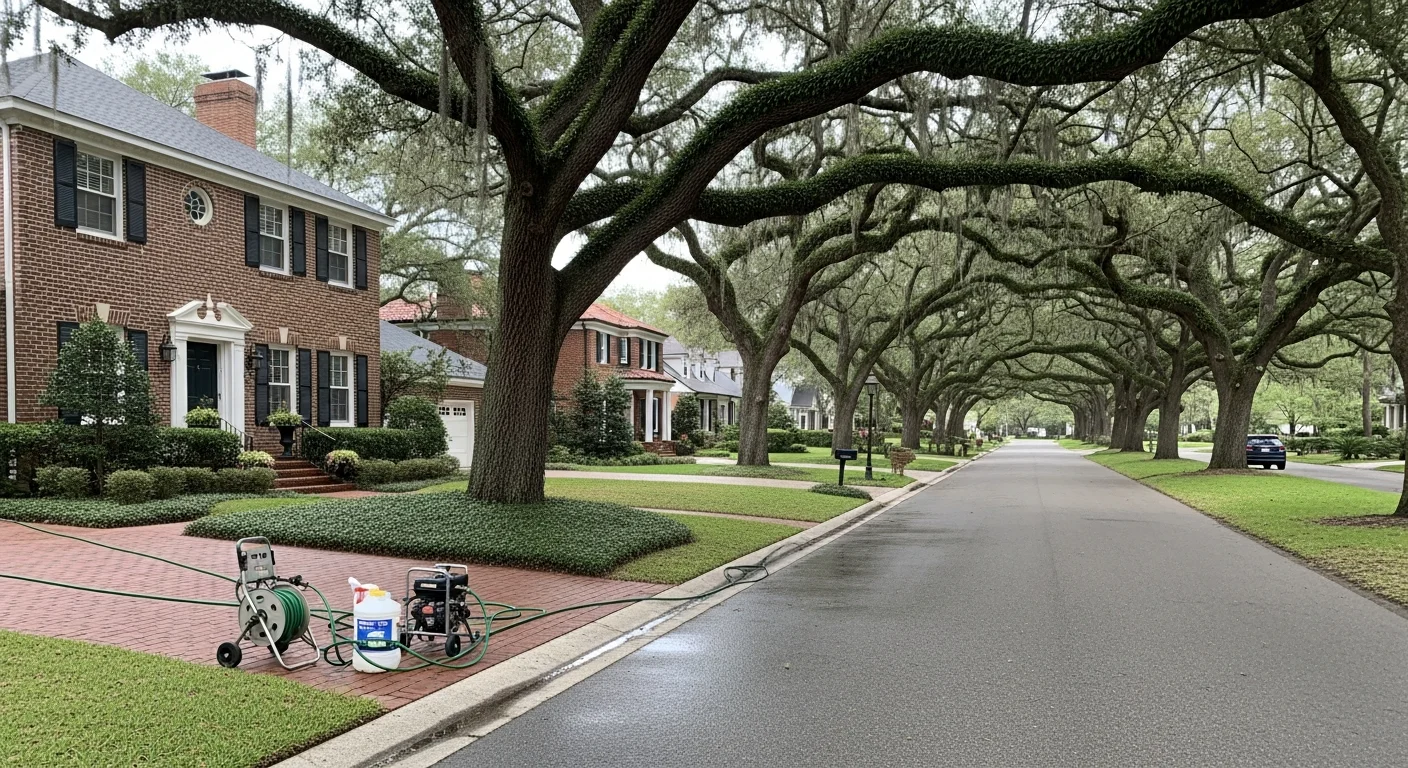 Tree-lined residential street in Jacksonville with brick homes and mature oak trees draped in Spanish moss.