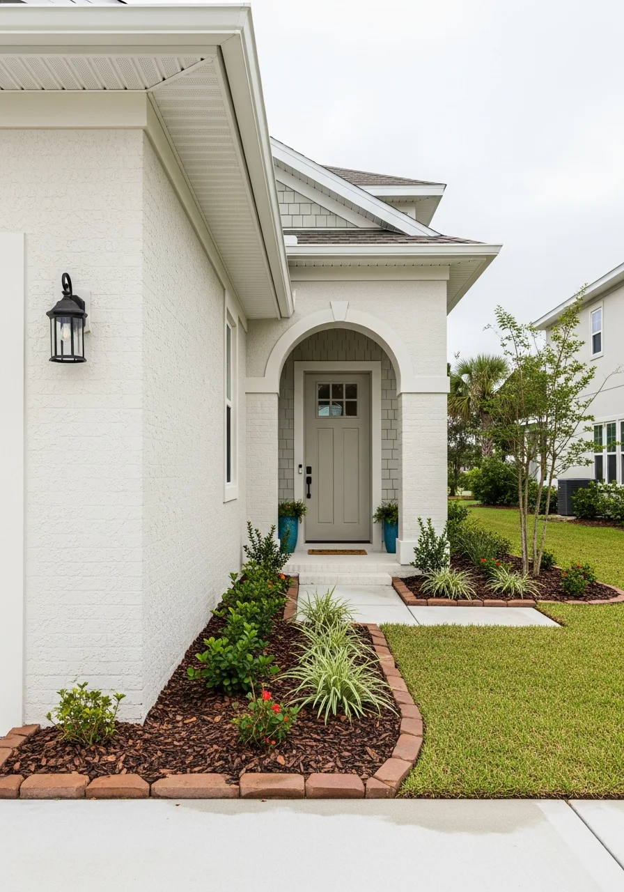 Coastal home with simple, well-maintained siding and welcoming front entrance.
