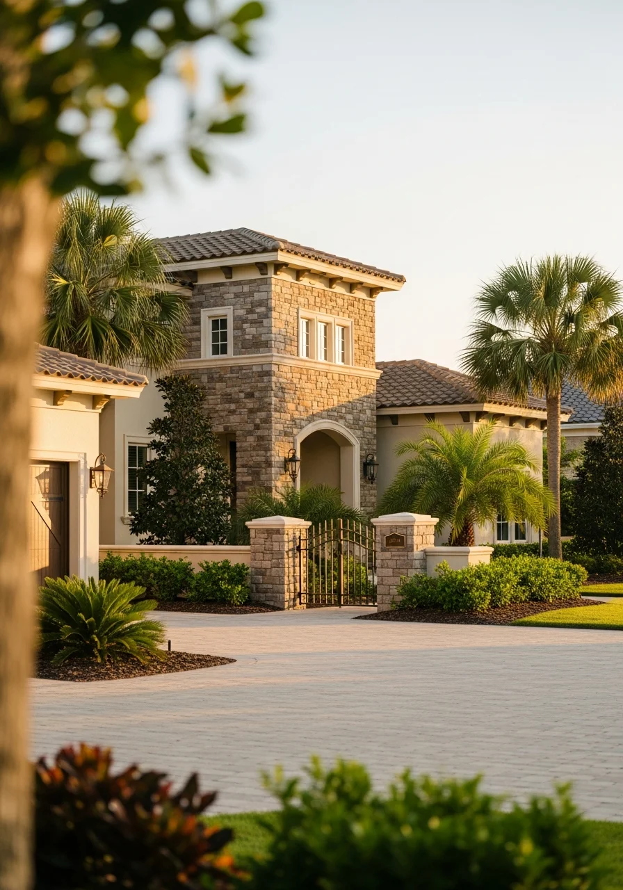 Luxury home exterior with stone accents and professional landscape design in established community.