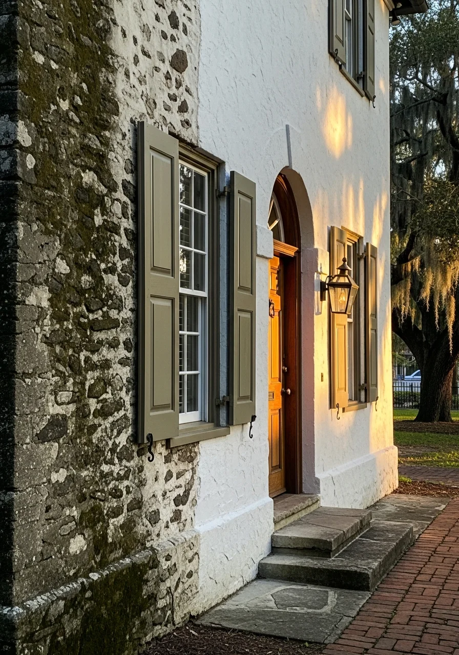 Period-appropriate home with restored wooden shutters and traditional colonial-style entrance.