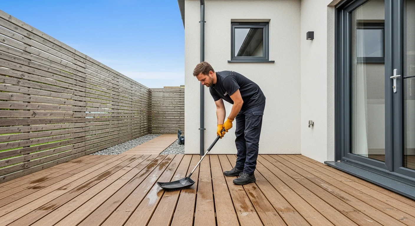 A composite deck in Fernandina Beach, Florida after professional cleaning, showing uniform board color with no visible mold, algae staining, or debris in the board gaps. The deck overlooks a coastal backyard with the clean surface reflecting the bright Florida sky.