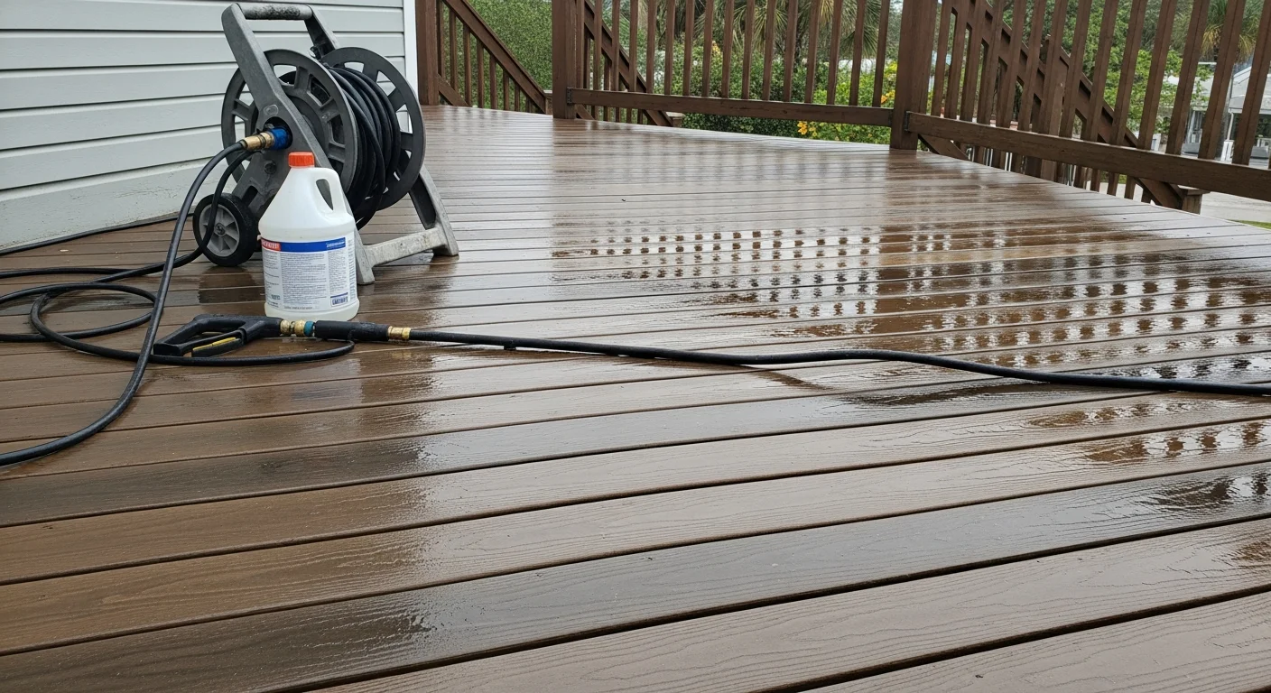 A residential wood deck in Fernandina Beach, Florida after professional cleaning, showing restored board color with mold and algae removed. The deck overlooks a coastal backyard with clean, even board surfaces and no visible green or gray discoloration.