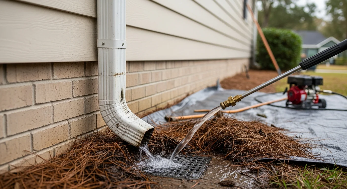 A technician from Florida Wash Company clearing a clogged downspout on a residential home in Fernandina Beach, FL, with debris flushed out at the ground-level outlet. The home sits beneath a mature oak canopy typical of older neighborhoods near the Fernandina Beach historic district.