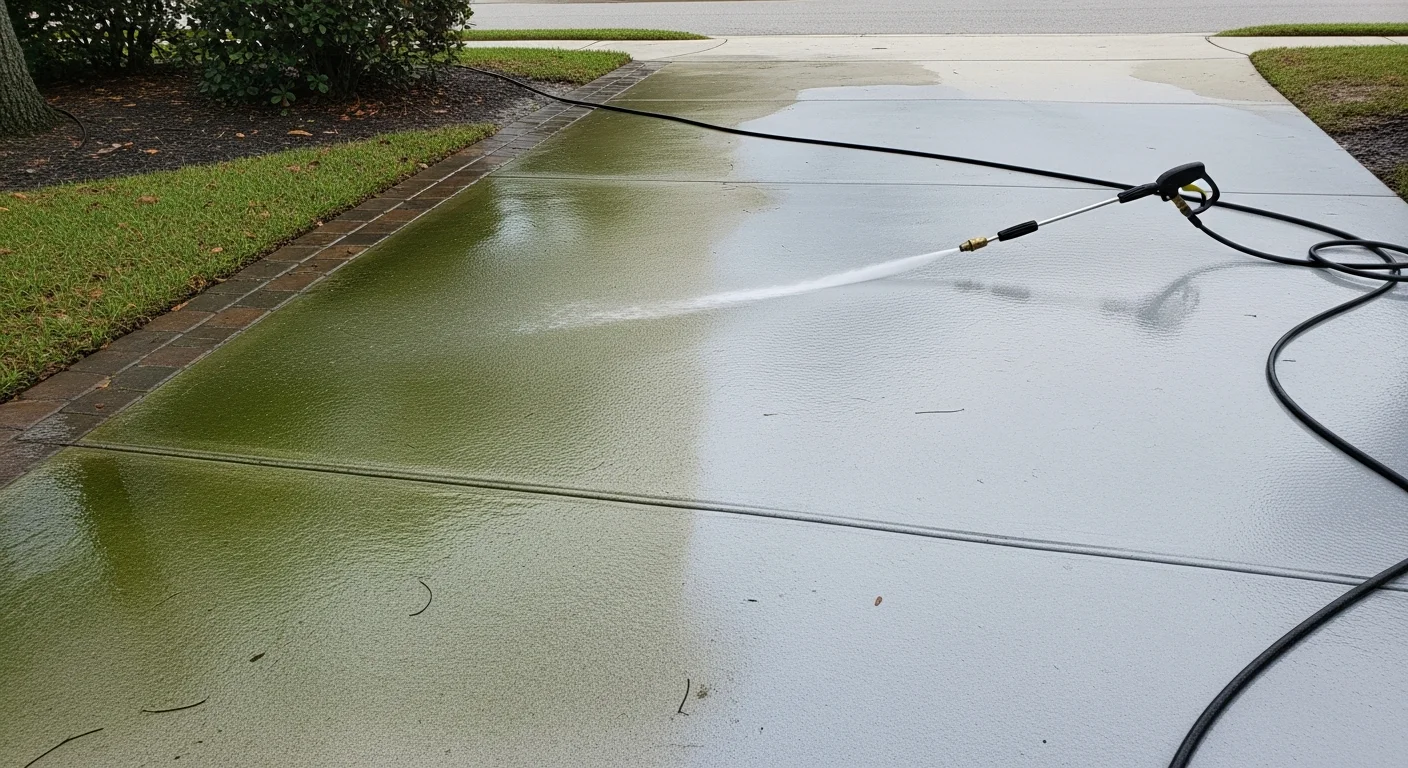 A concrete residential driveway in Fernandina Beach, FL shown after professional pressure washing, with algae and dark staining fully removed and the surface restored to a clean, bright appearance. The home sits in a coastal Nassau County neighborhood with lush Florida landscaping along the driveway edges.