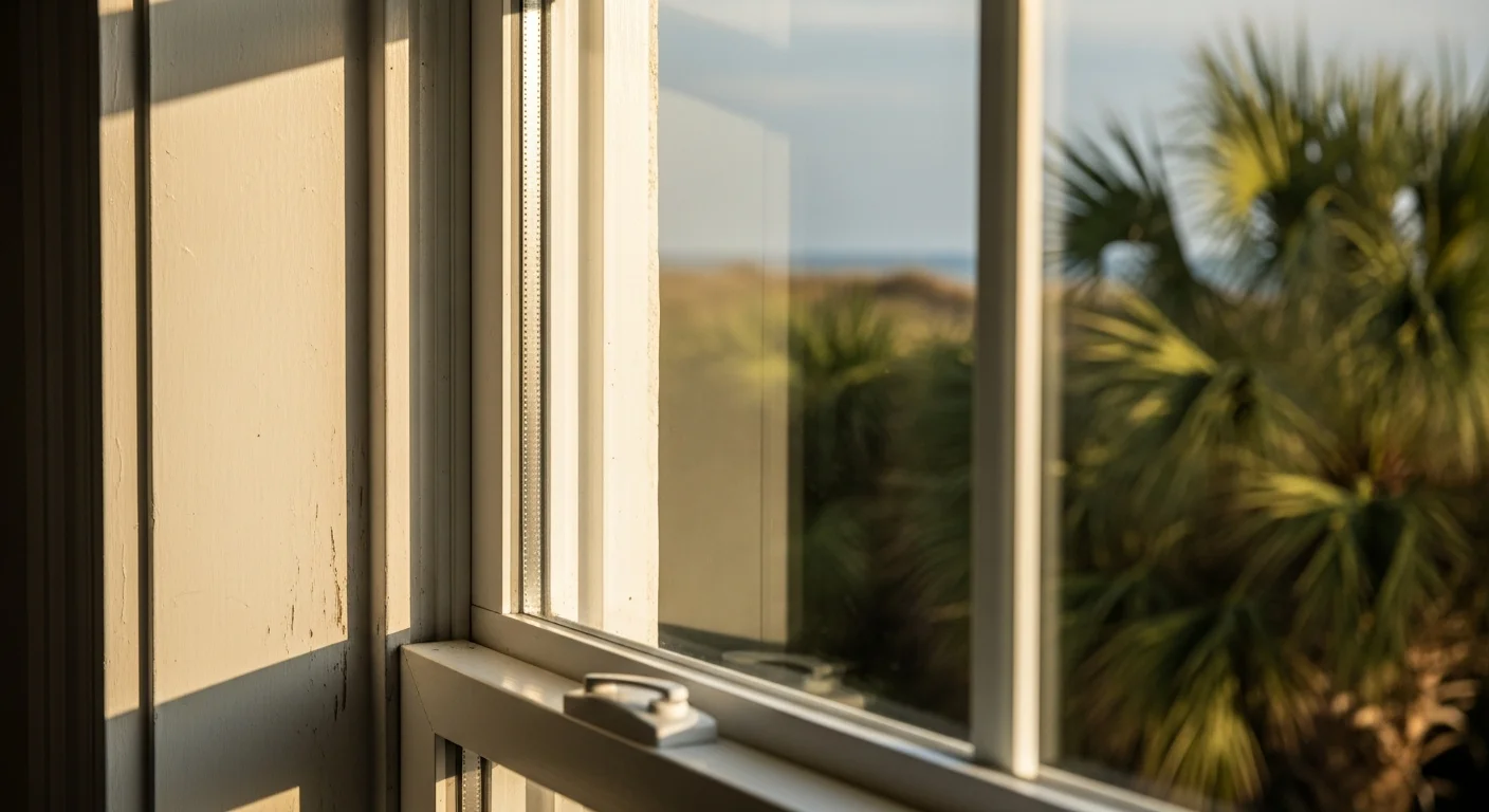 A technician cleaning the exterior windows of a single-story residential home in Fernandina Beach, FL, with clear coastal light reflecting off freshly cleaned glass. Window frames and sills show no visible salt residue or mold growth after the service.