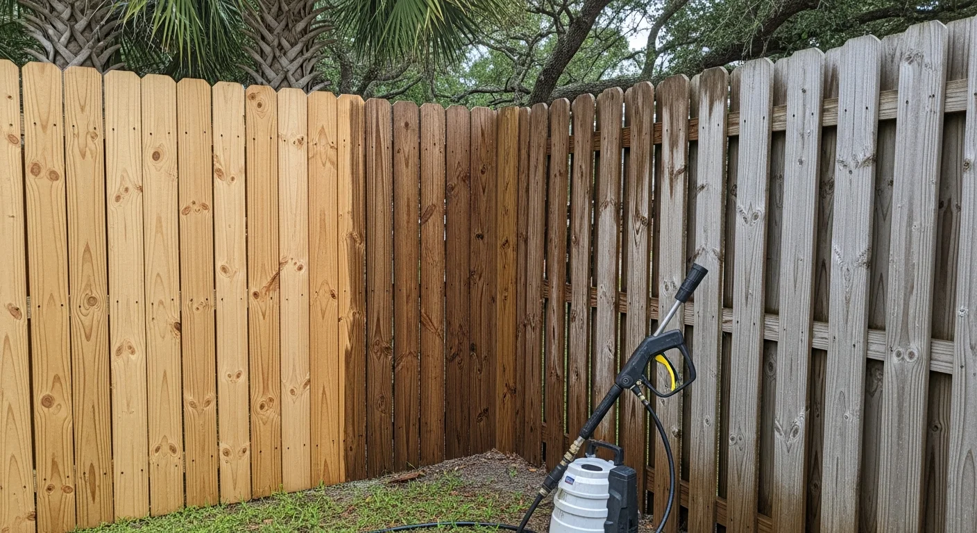 A wood privacy fence in a Fernandina Beach, FL backyard shown after professional cleaning, with algae and gray discoloration removed and natural wood color restored. A technician directs a soft wash wand along the fence line while surrounding grass and shrubs remain undisturbed.