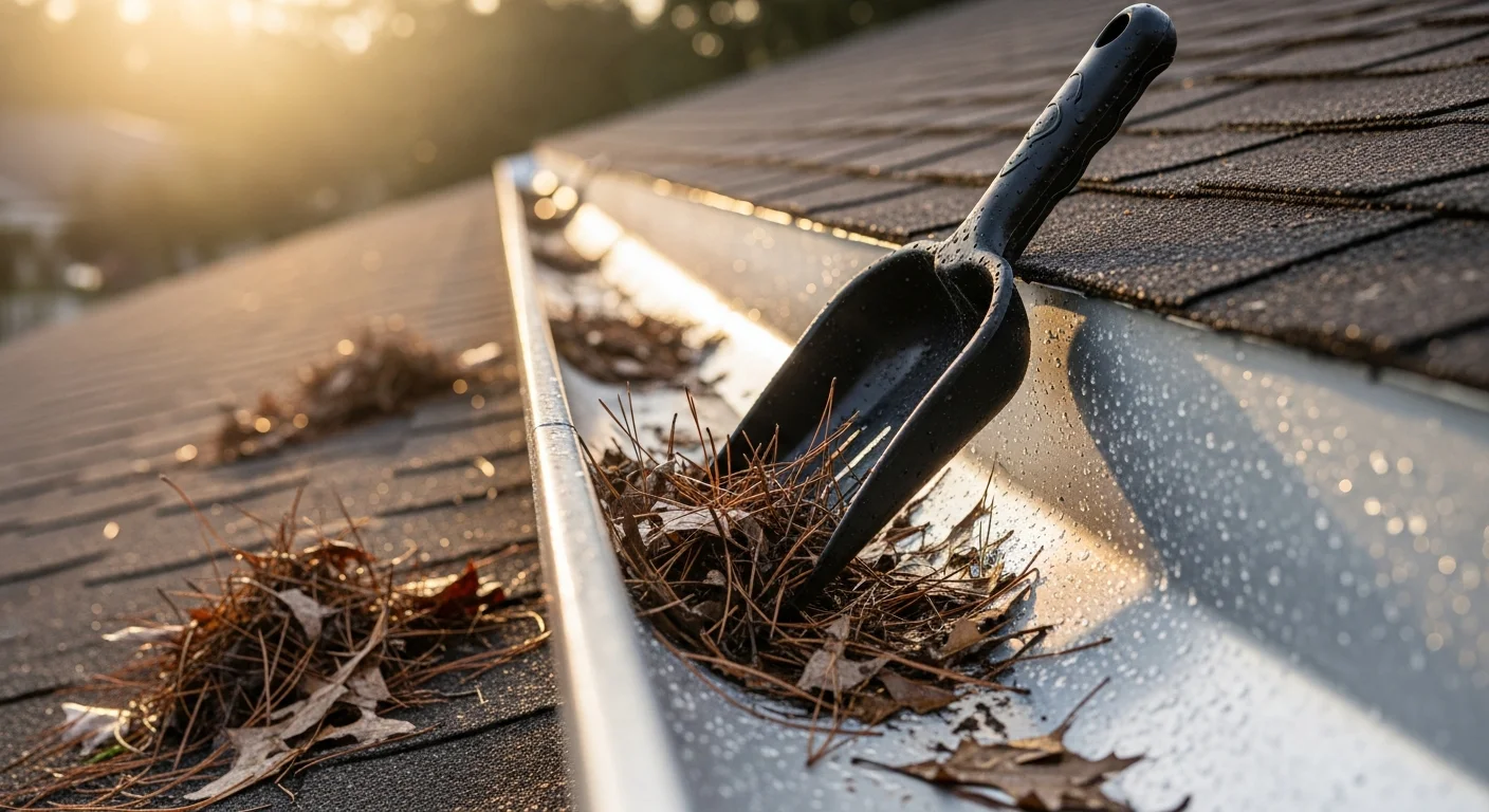 A technician clearing packed pine needles and oak debris from a residential gutter on a single-story home in Fernandina Beach, FL. The downspout runs clear after flushing, with a mature oak tree visible in the background.