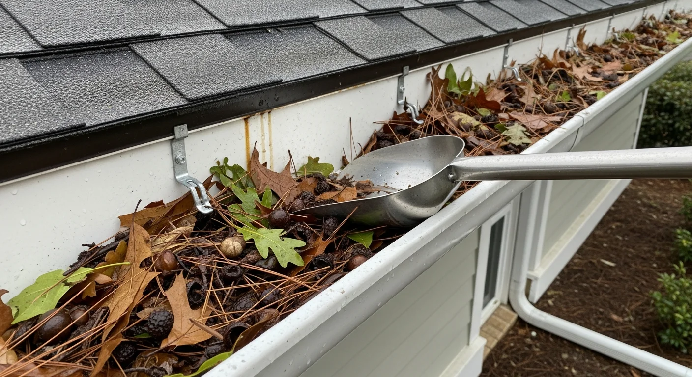 A technician from Florida Wash Company removing packed pine needles and oak leaf debris from a residential gutter on a single-family home in Fernandina Beach, FL. The cleared gutter channel and downspout opening are visible against the home's roofline.