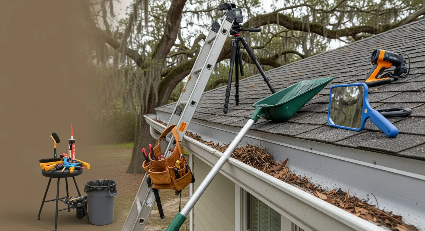 A gutter inspection technician examining the fascia and downspout connection on a single-story Fernandina Beach, FL home after a summer rainstorm. Close-up view shows debris buildup and a corroded hanger bracket along the gutter run.