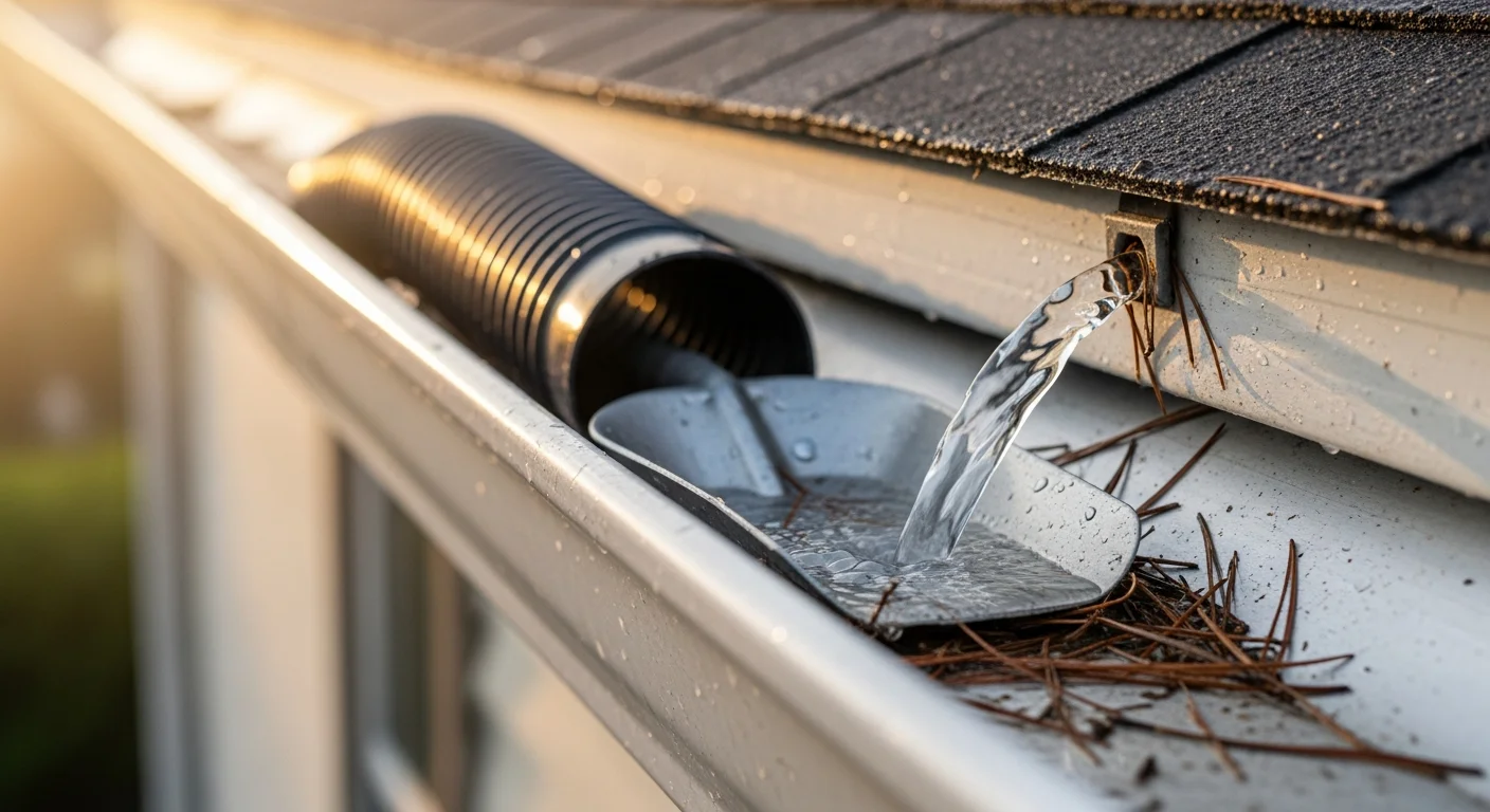 A technician clearing packed pine needle debris from a residential gutter on a Fernandina Beach home, with a downspout visible and mature trees in the background. The cleaned gutter channel shows open, unobstructed flow ready for Florida's rainy season.