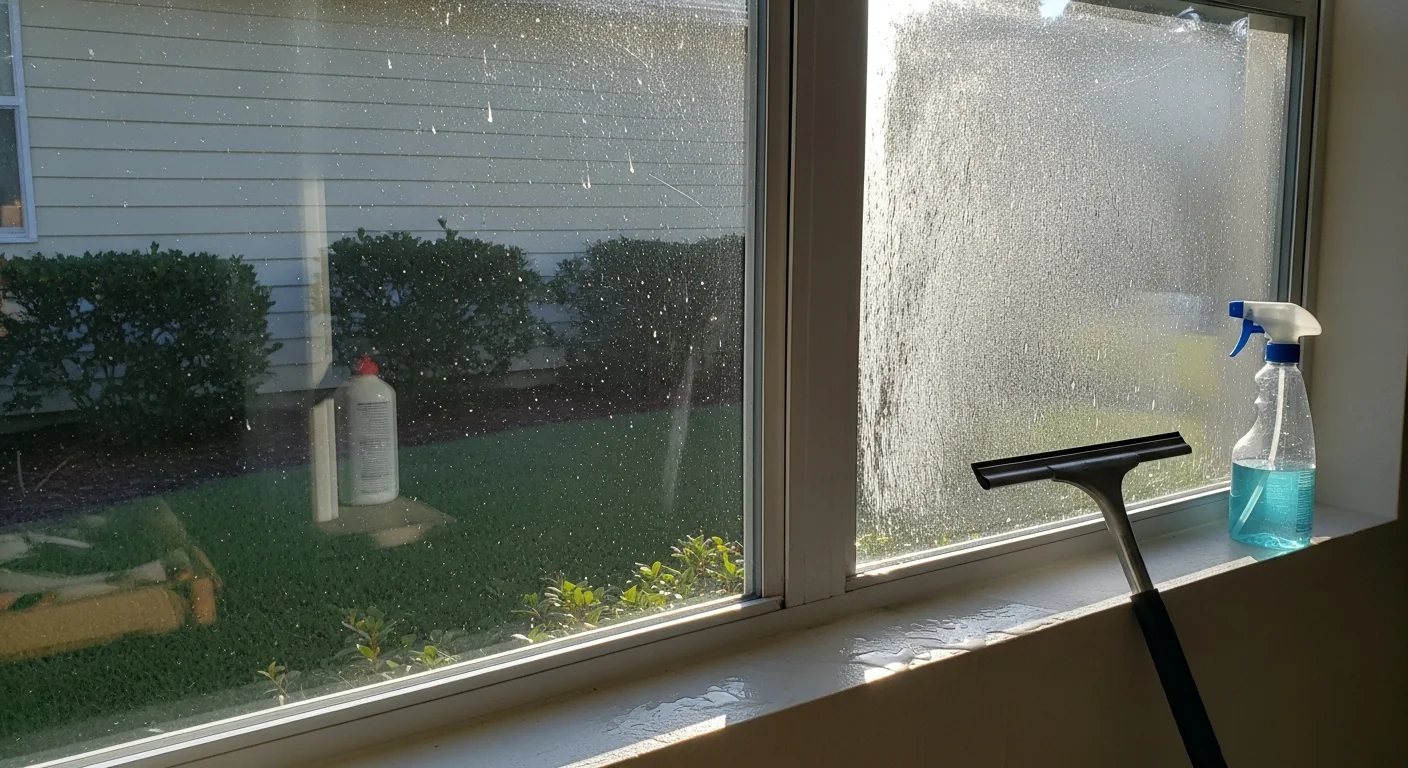 A Fernandina Beach home window shown before and after hard water stain removal, with the treated pane showing clear glass free of white mineral haze. A Florida Wash Company technician works on the exterior glass surface on Amelia Island.
