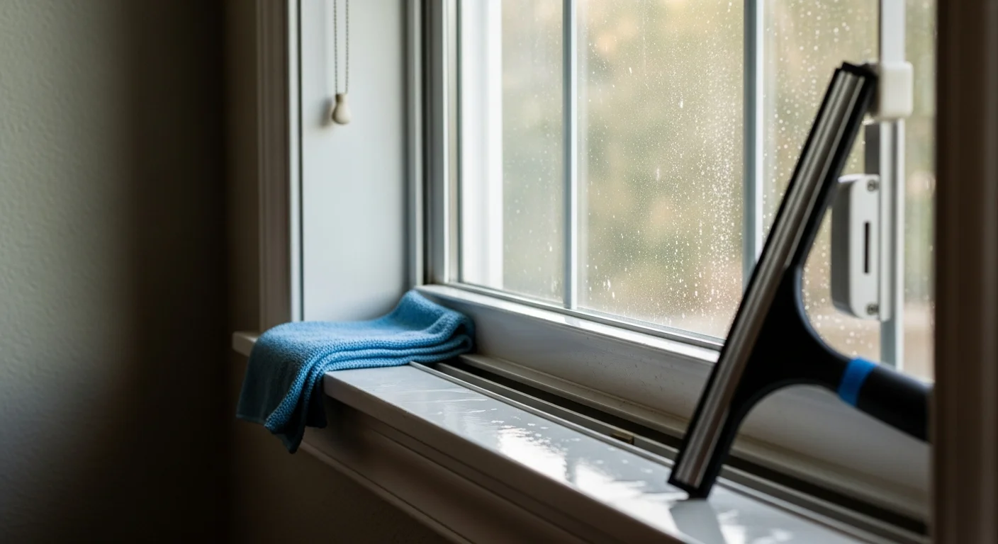 A professional window cleaner wiping interior glass panes on a coastal home in Fernandina Beach, FL, with clear streak-free windows revealing a bright interior. Salt film and haze have been removed from the sills and tracks of a beachfront property on Amelia Island.