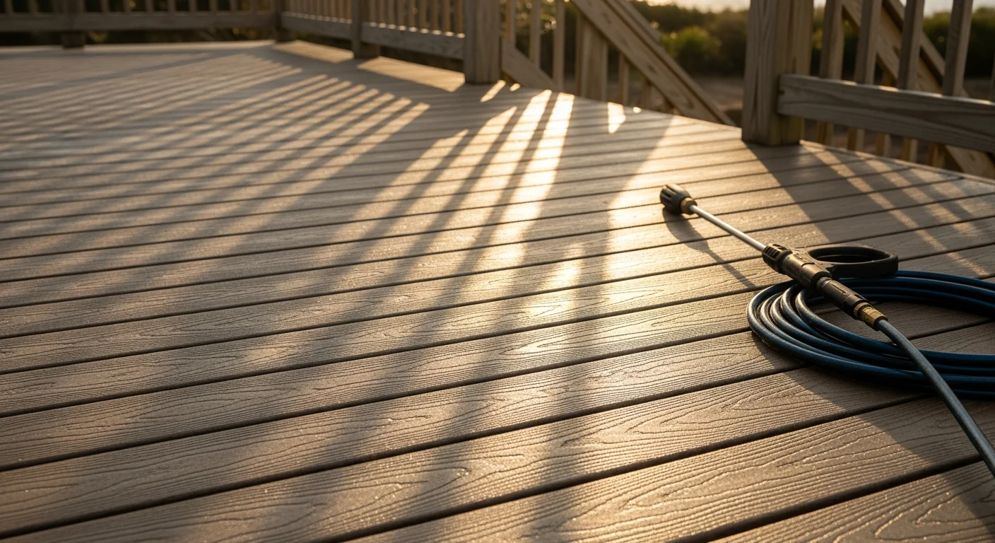 A wood deck in Fernandina Beach, FL after professional mold and mildew removal, showing clean, evenly colored boards free of dark staining. A treated fence runs along the edge of the yard with no visible mildew growth on the rails or posts.