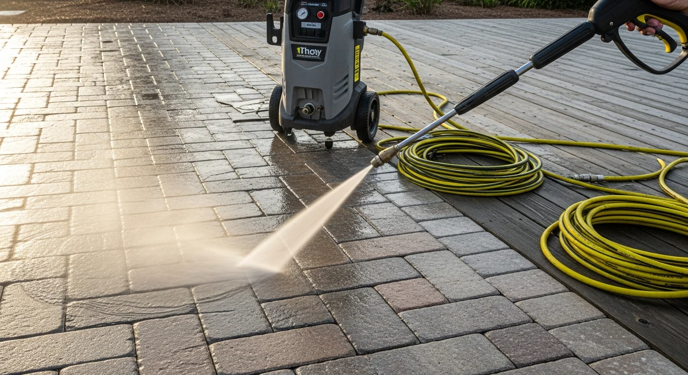 A clean concrete patio in Fernandina Beach, FL after professional pressure washing, showing bright surface color with no algae staining or dark mold growth. Outdoor furniture sits on the freshly washed surface beside a residential backyard in Nassau County.
