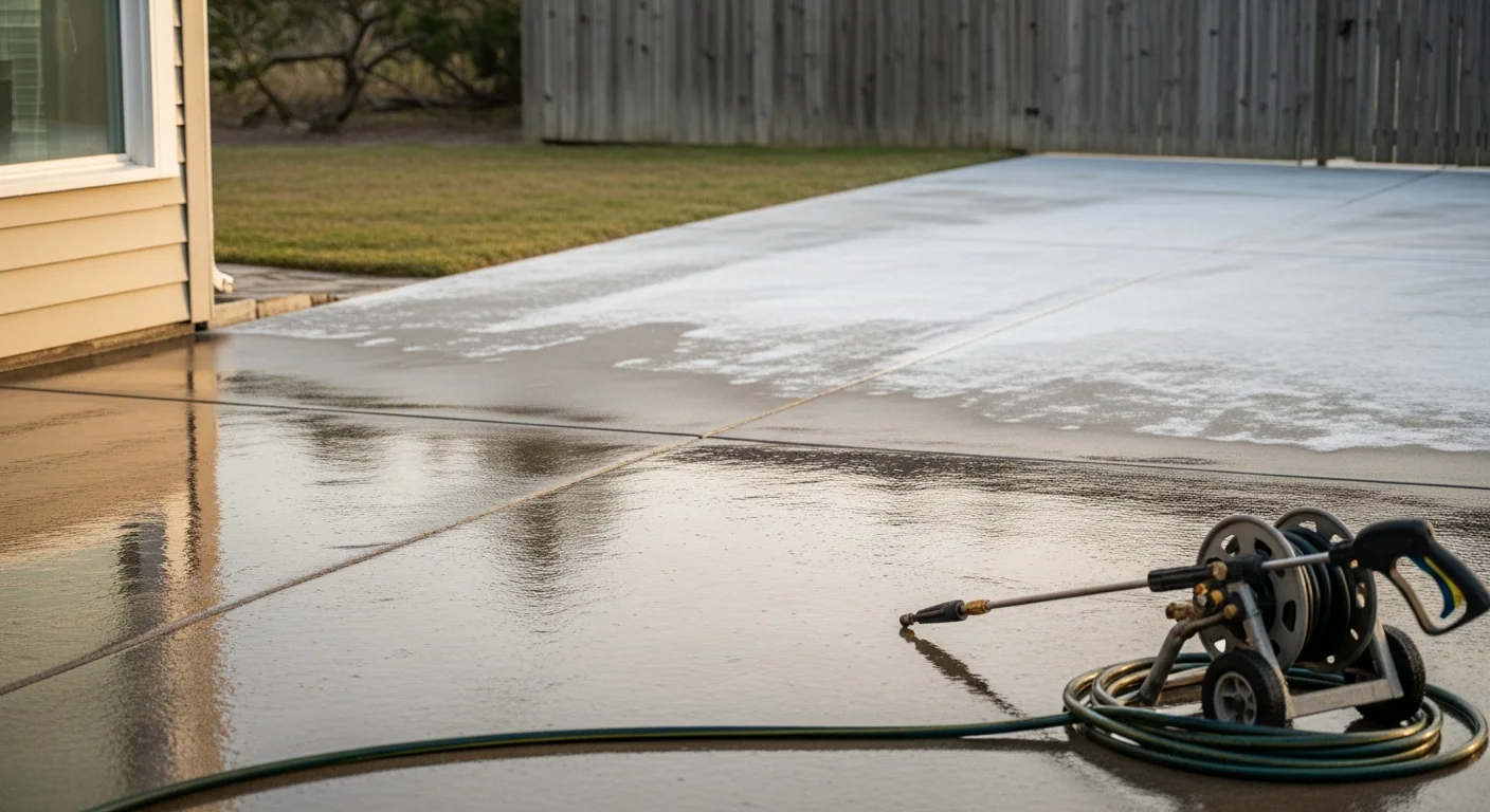 A Fernandina Beach driveway and home exterior after professional pressure washing, showing clean concrete and siding free of mold, algae stains, and salt residue. Florida Wash Company technician cleaning an outdoor surface on a residential property in Fernandina Beach, FL.