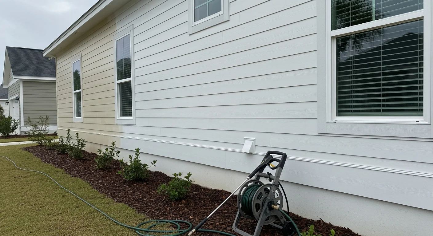 A Fernandina Beach home exterior showing clean, streak-free siding after professional low-pressure washing. Mold and algae staining have been fully removed from the panels, with the Atlantic coastal neighborhood visible in the background.