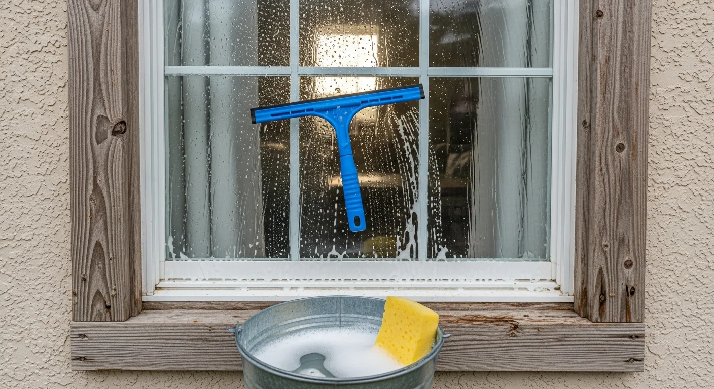 A window cleaner removing salt film and pollen buildup from the exterior glass of a coastal home in Fernandina Beach, FL. The cleaned windows reflect clear blue sky with the Atlantic coastline visible in the background.
