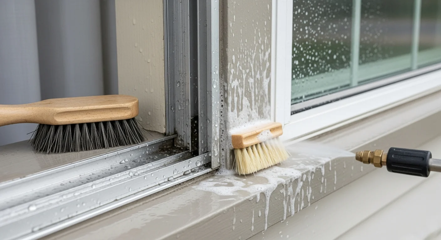 A close-up of a cleaned window frame on a coastal home in Fernandina Beach, FL, showing clear sills and tracks free of salt residue and mold staining. The frame sits against a bright exterior wall with no visible white oxidation or dark organic streaking.