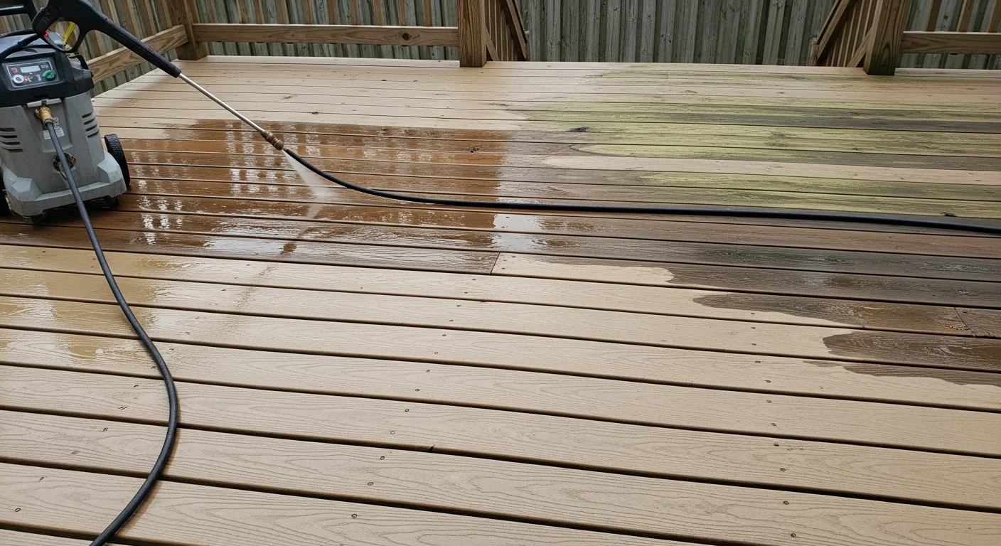 A wood deck in Fernandina Beach, FL shown after professional cleaning, with mold and dark staining removed and the natural wood grain restored. A cleaning technician works along the deck boards using a low-pressure wand in a humid coastal Florida setting.